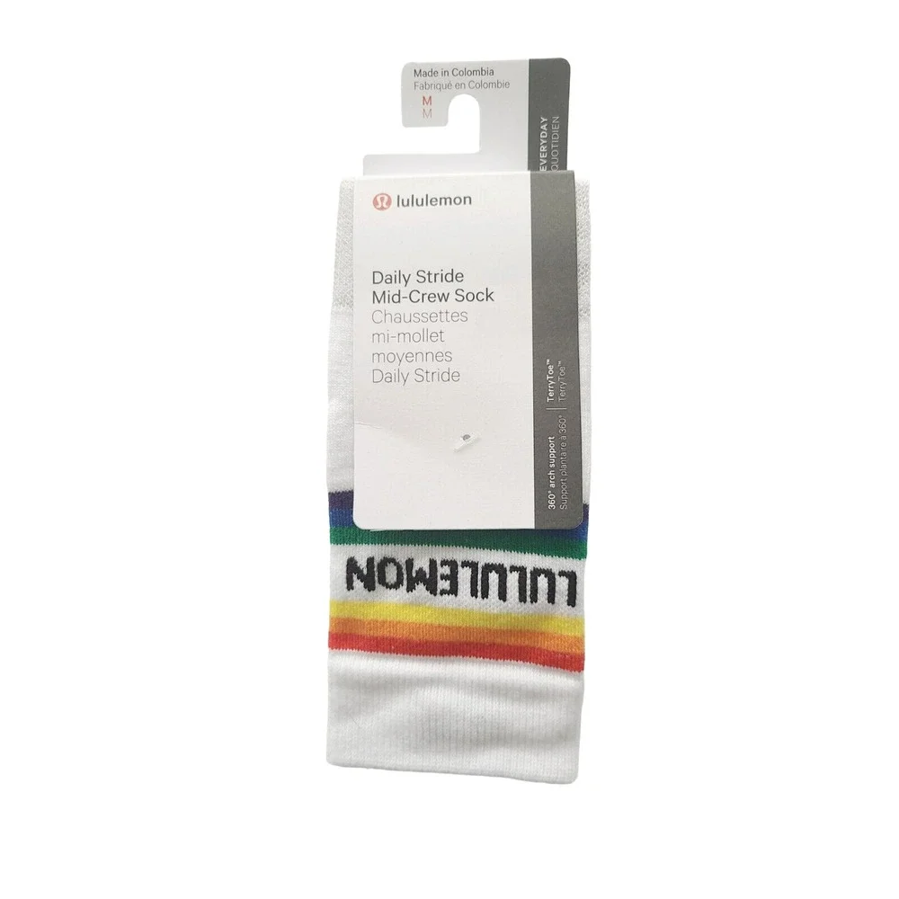 Lululemon Daily‎ Stride Mid-Crew Socks White Rainbow Stripe Size M LW9DW9S
